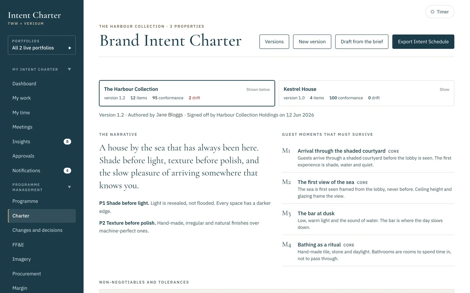 The Charter: guest moments, principles, non-negotiables and tolerances, versioned and signed off.