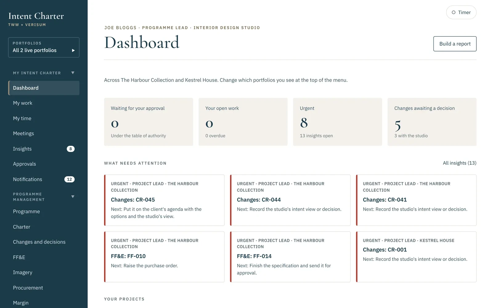 The dashboard: what needs you across every project you work on, with each project's conformance, open decisions and high risks.